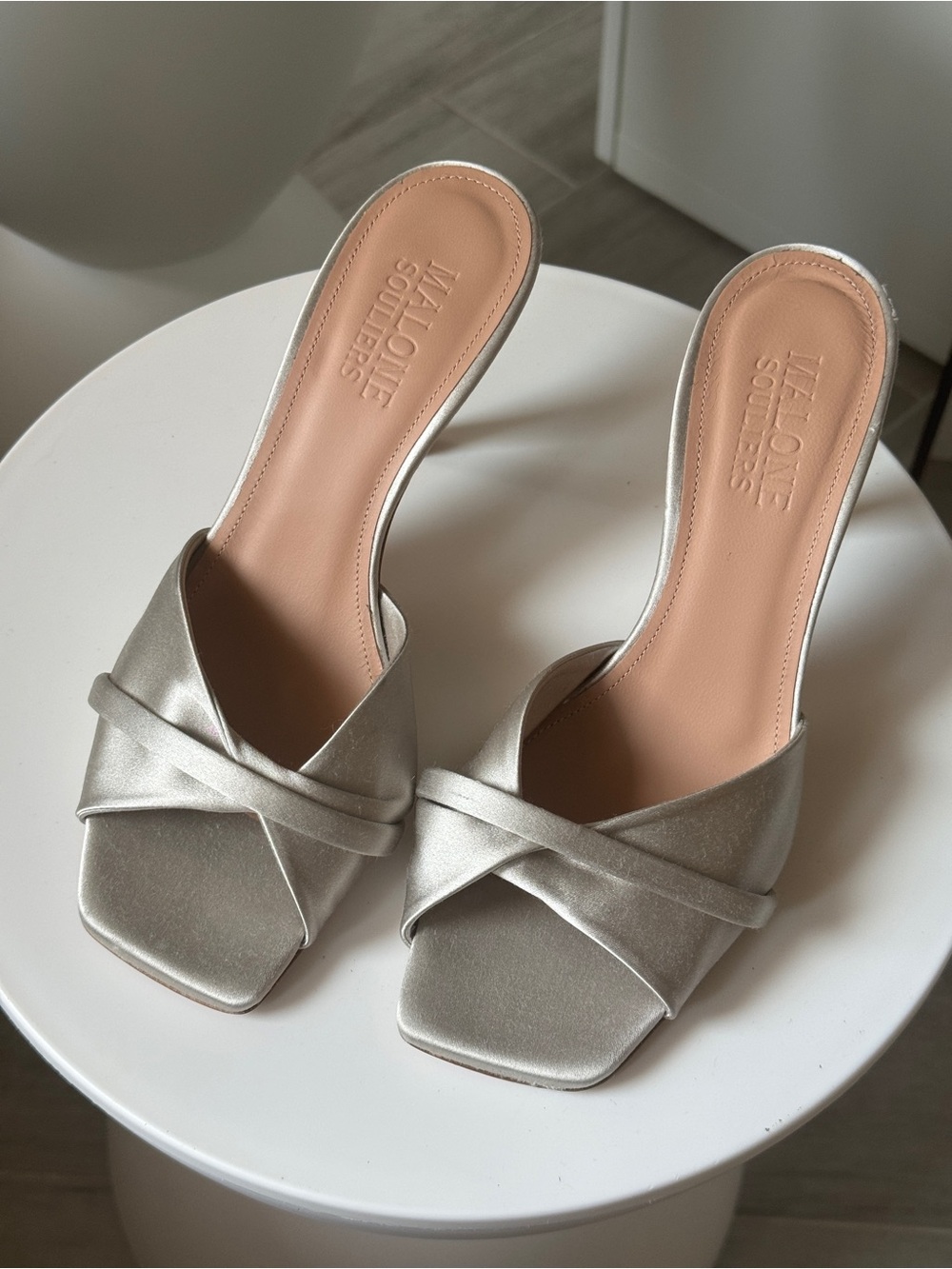 MALONE SOULIERS Perla Silver Satin Crisscross Mule Sandals